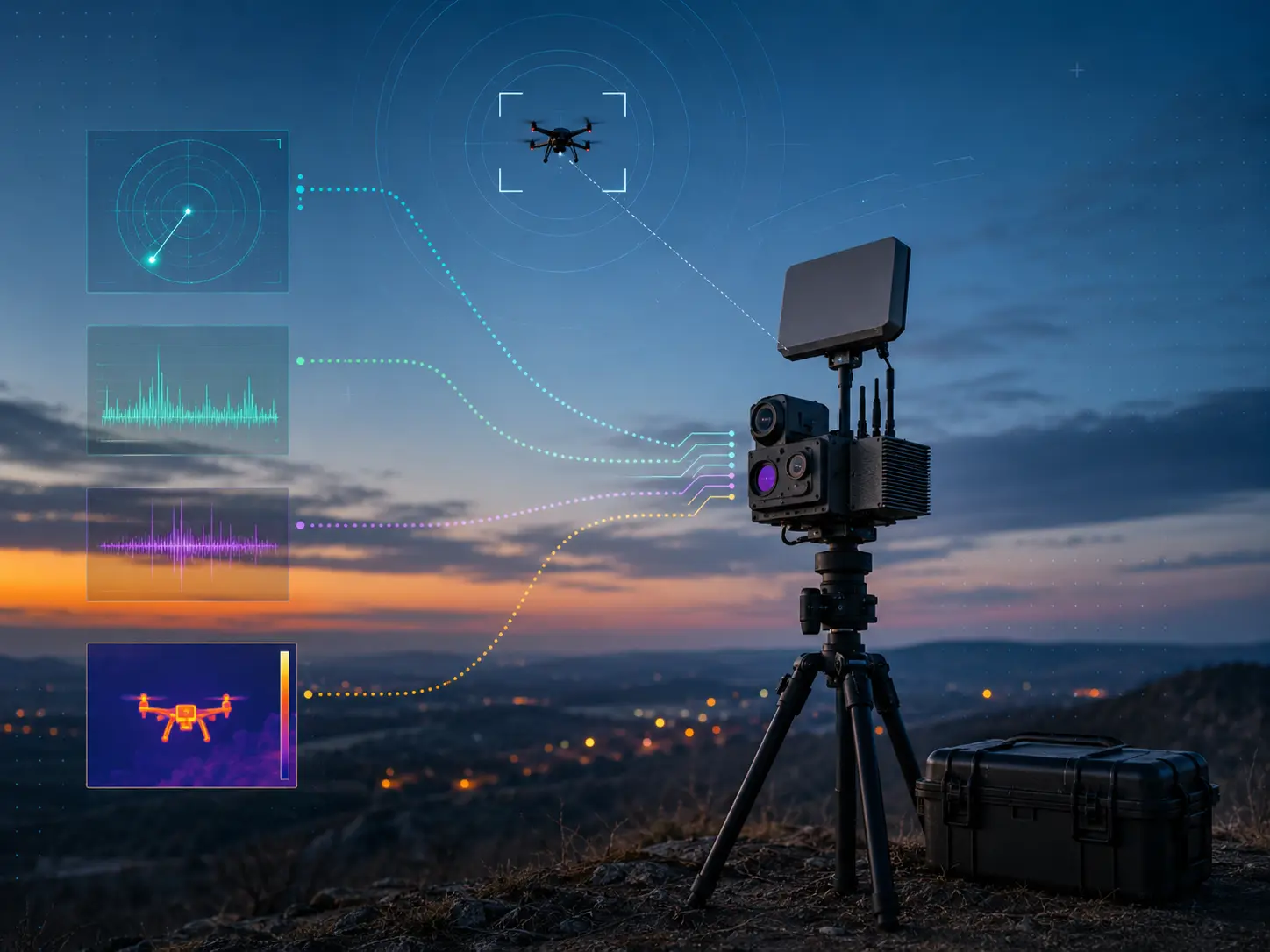 Five sensor modalities — radar, acoustic, RF, thermal, and optical — streaming data to a single detection unit